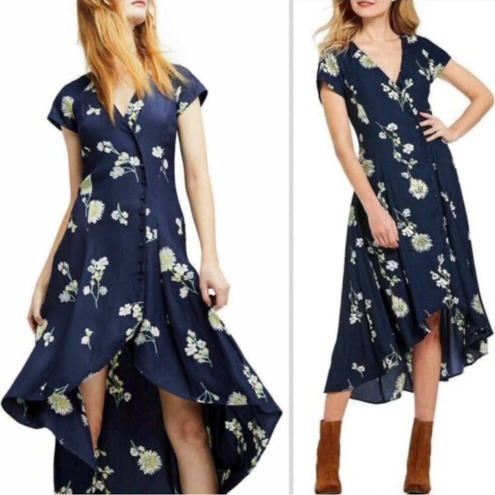 Free People Lost In You Midi Dress | Size Small Blue Floral Hi-Low Hem